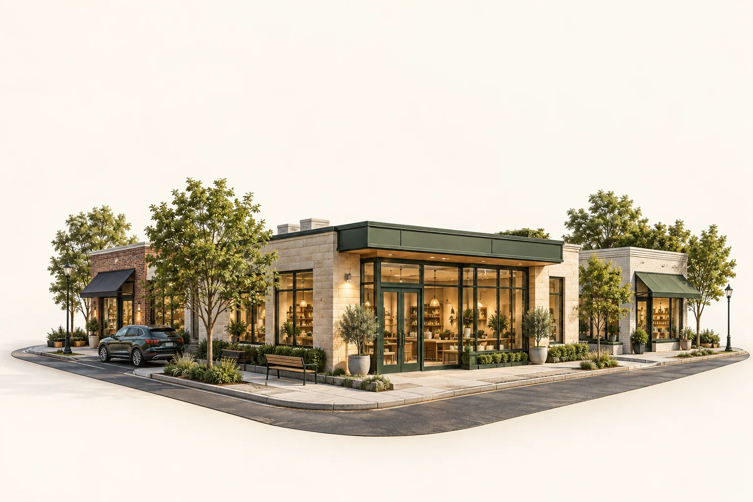 An illustrative three-dimensional neighborhood with a local business at its center